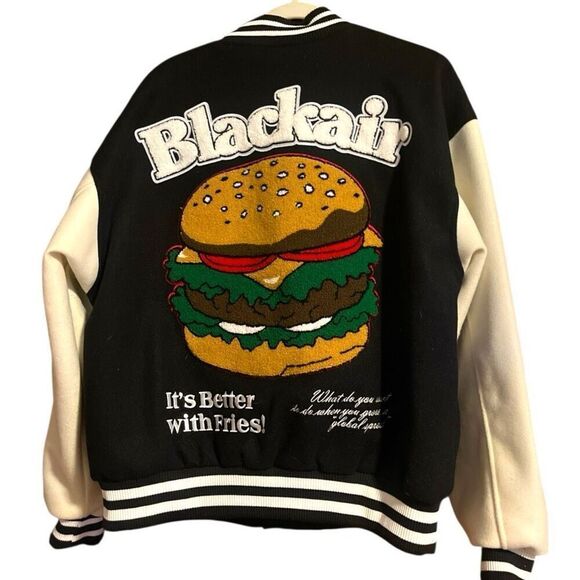 Black Air Varsity Letterman Jacket Black & White Better With Fries Preowned - Picture 2 of 5